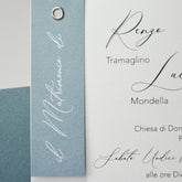 Partecipazione Matrimonio rettangolare con talloncino Celeste Polvere e occhiello  - Codice F1769